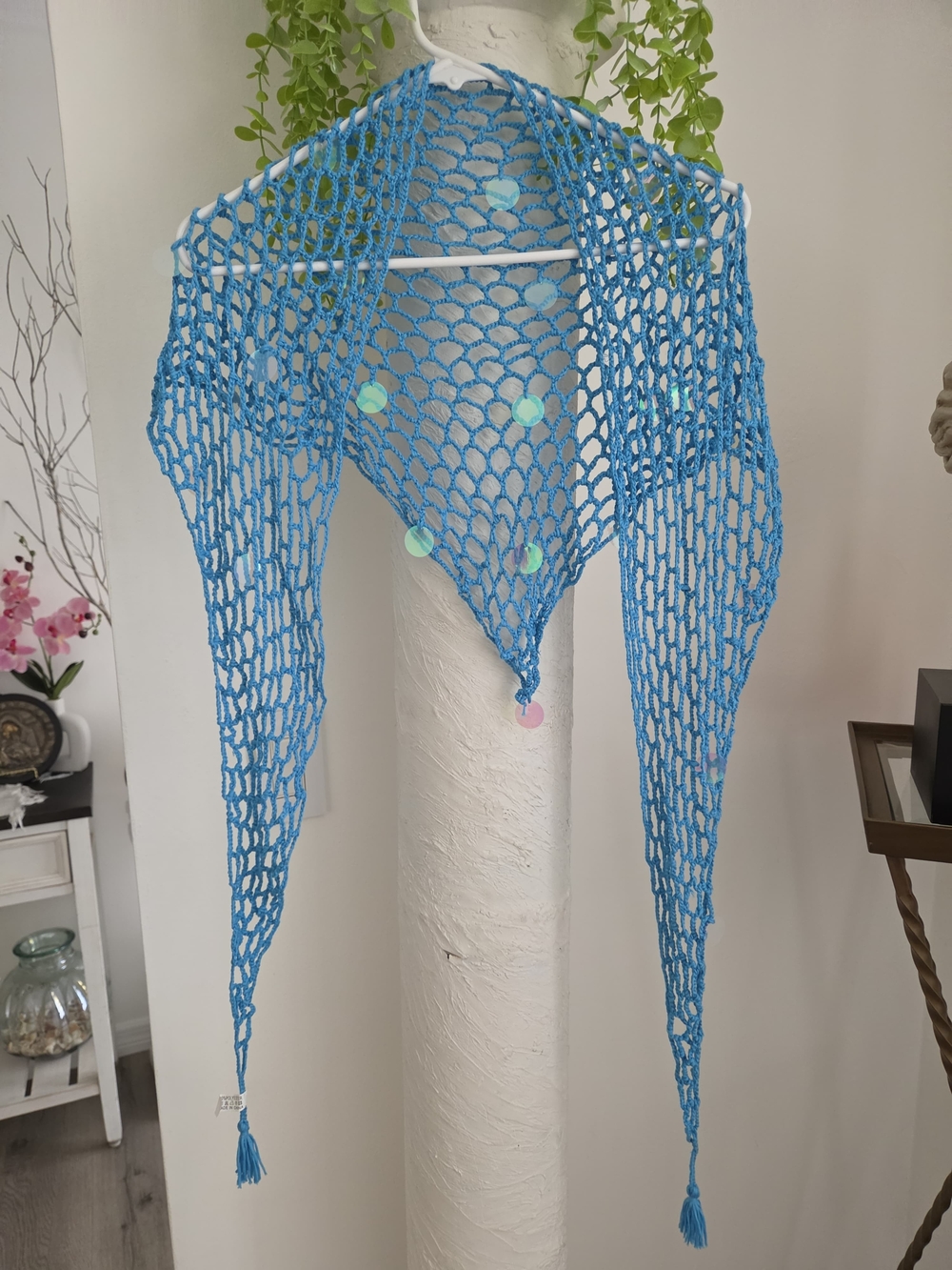 Lightweight Blue Crochet Triangle Shawl with Tassels